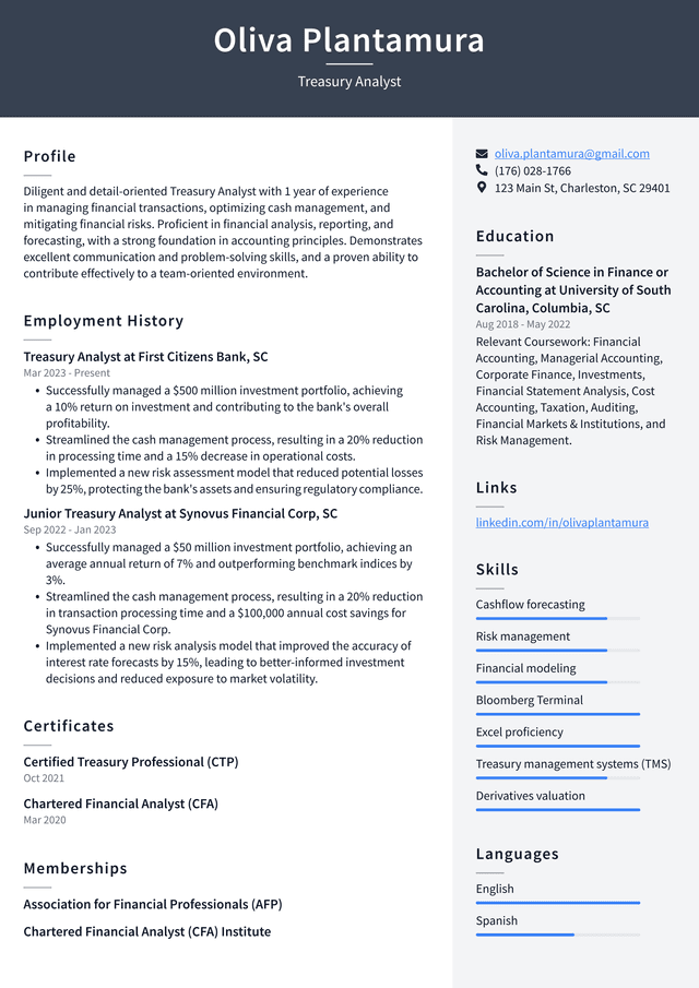 Tesla Treasury Analyst Resume Example