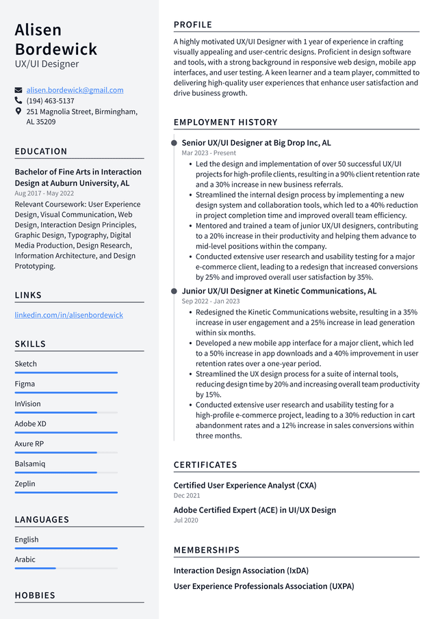 Tesla UX/UI Designer Resume Example