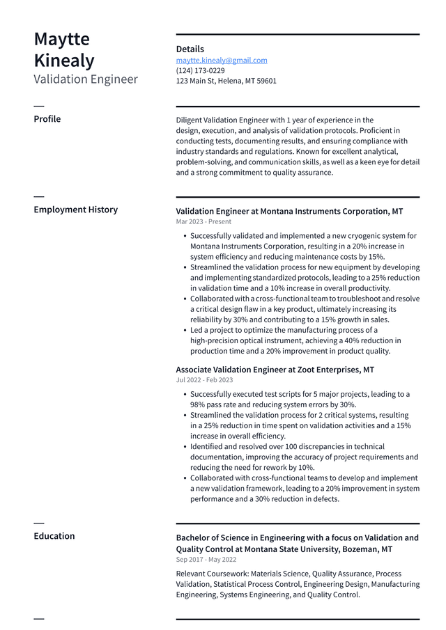 Tesla Validation Engineer Resume Example