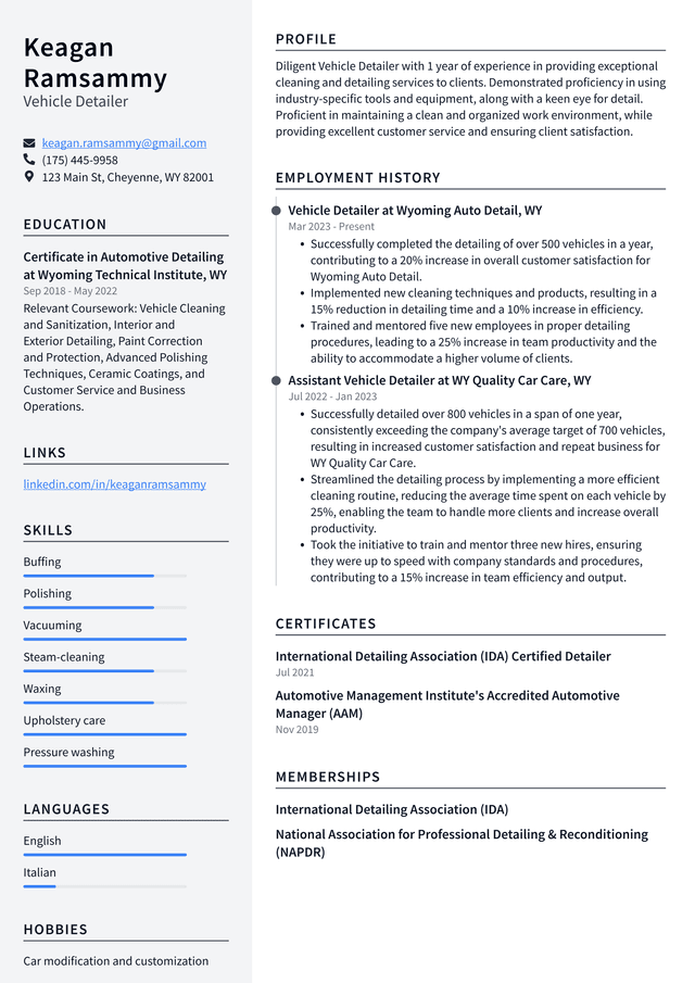 Tesla Vehicle Detailer Resume Example
