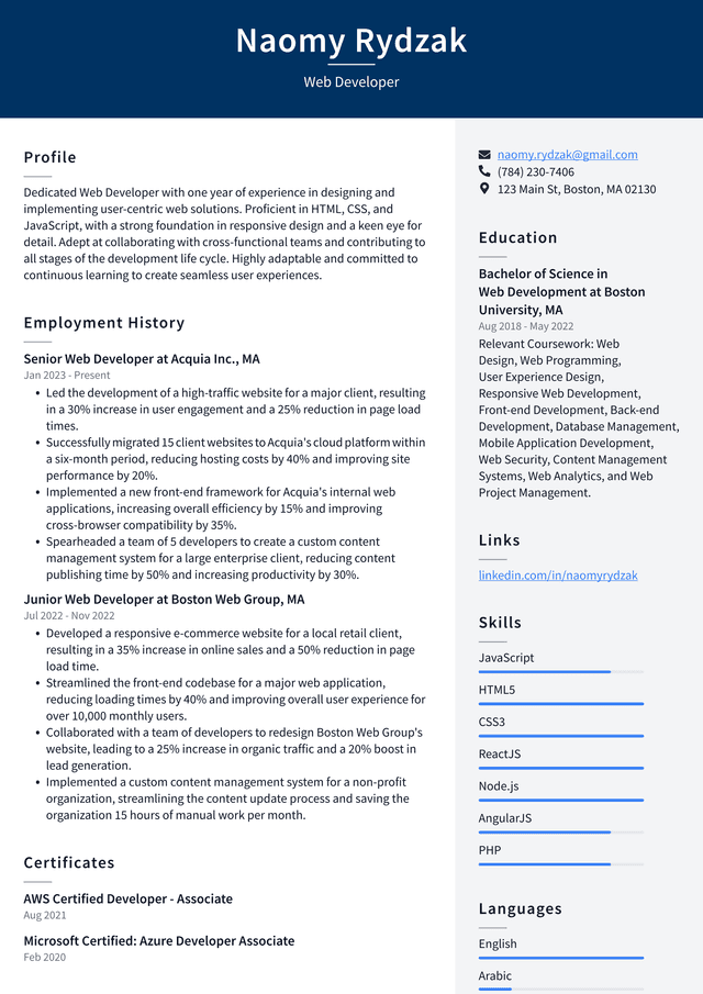 Tesla Web Developer Resume Example