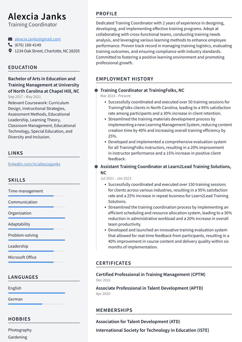 Training Coordinator Resume Example