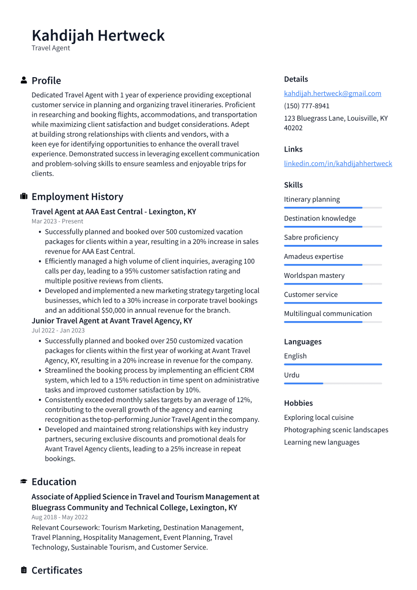 Travel Agent Resume Example