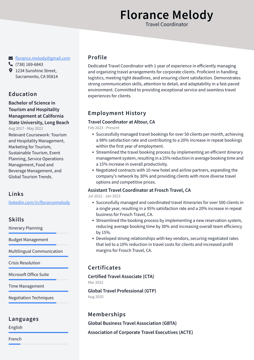 travel coordinator cv