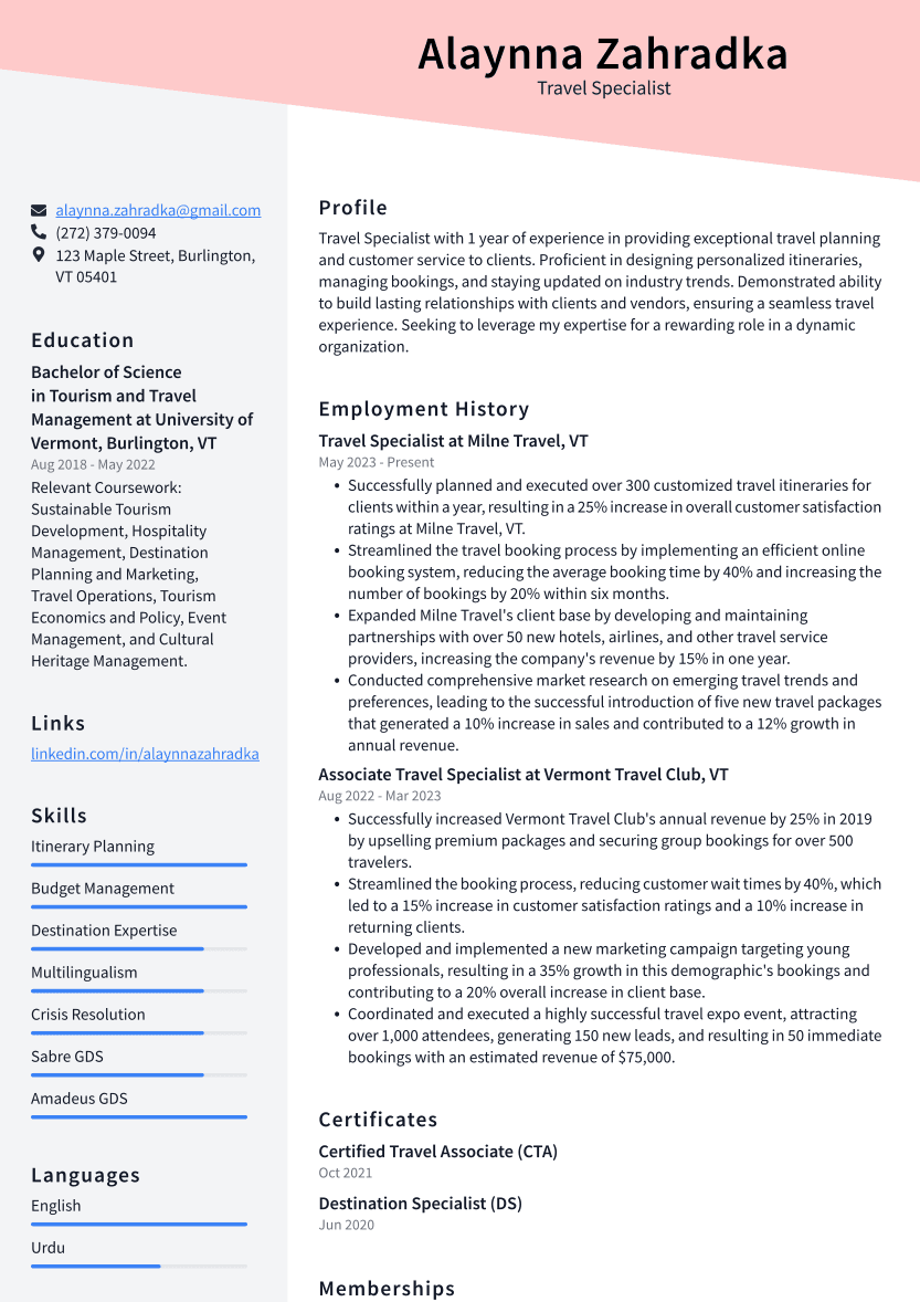 Travel Specialist Resume Example