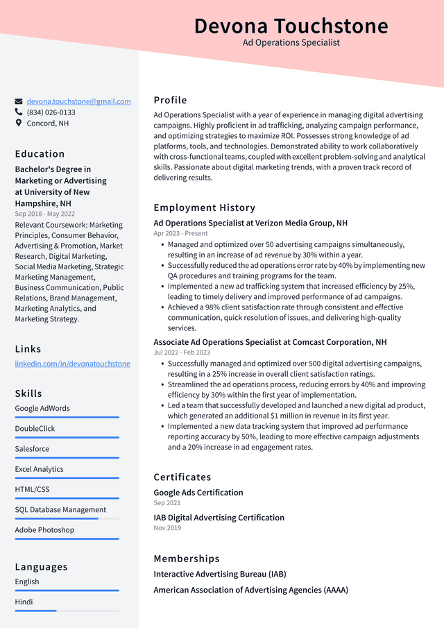 Twitter Ad Operations Specialist Resume Example