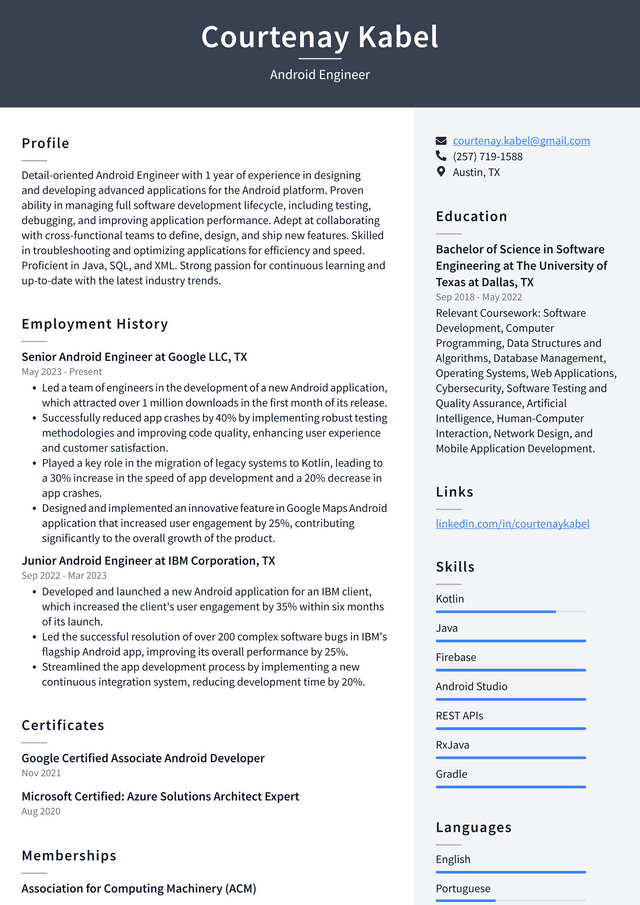 Twitter Android Engineer Resume Example