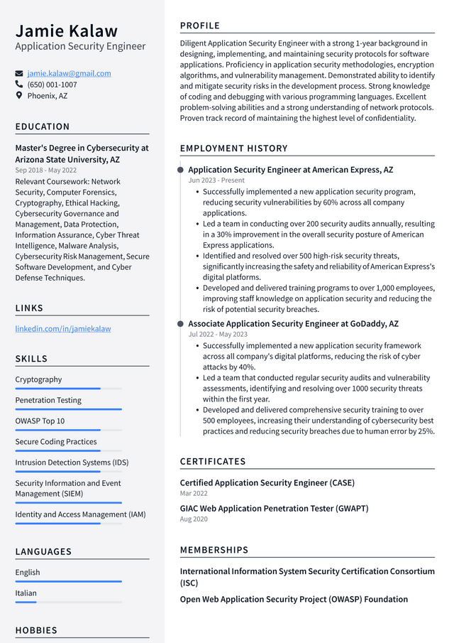 Twitter Application Security Engineer Resume Example