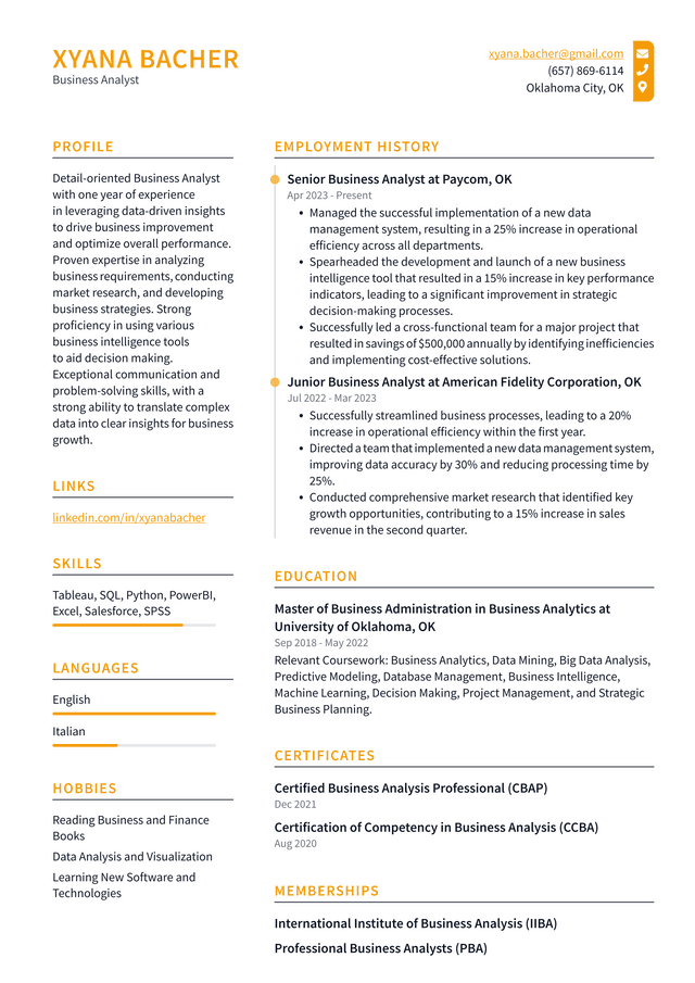 Twitter Business Analyst Resume Example