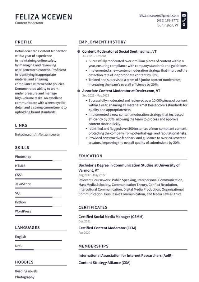 Twitter Content Moderator Resume Example