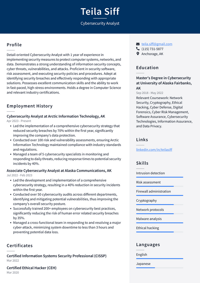 Twitter Cybersecurity Analyst Resume Example
