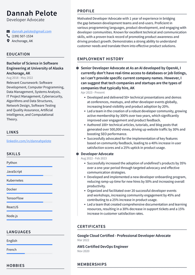 Twitter Developer Advocate Resume Example