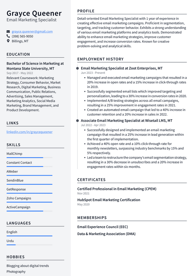 Twitter Email Marketing Specialist Resume Example