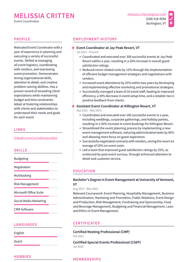 Twitter Event Coordinator Resume Example