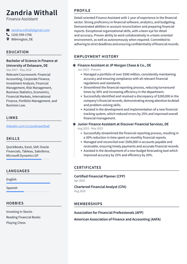 Twitter Finance Assistant Resume Example