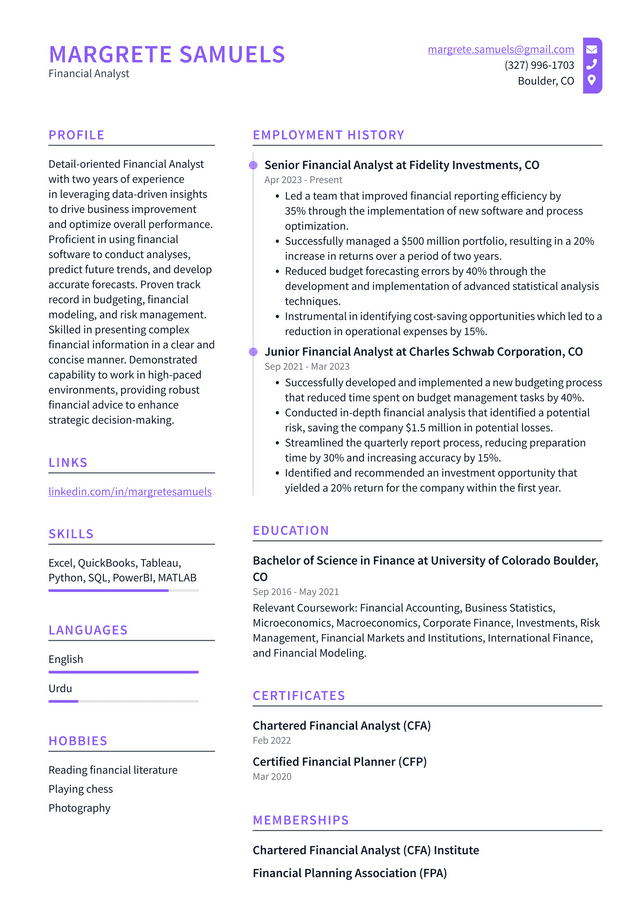 Twitter Financial Analyst Resume Example