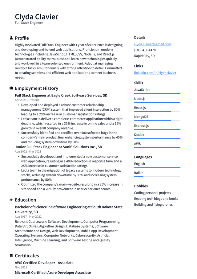 Twitter Full Stack Engineer Resume Example