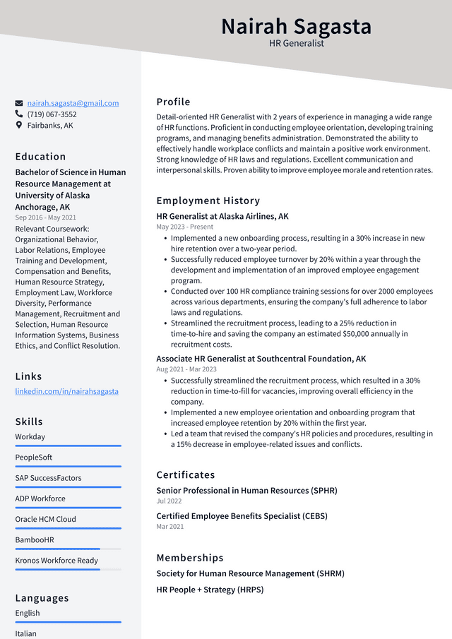 Twitter HR Generalist Resume Example