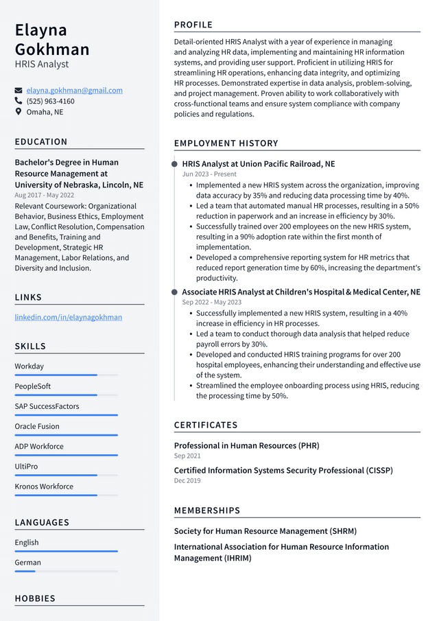 Twitter HRIS Analyst Resume Example