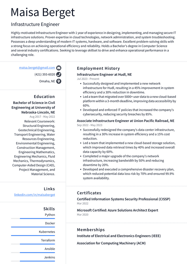 Twitter Infrastructure Engineer Resume Example