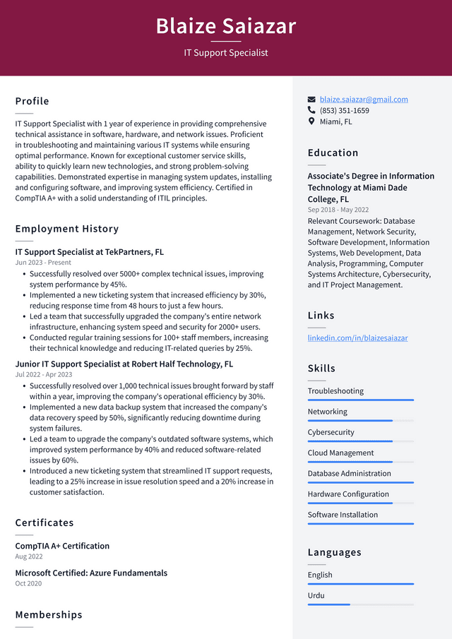 Twitter IT Support Specialist Resume Example