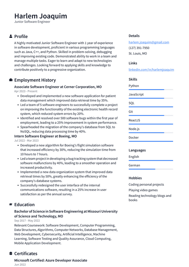 Twitter Junior Software Engineer Resume Example