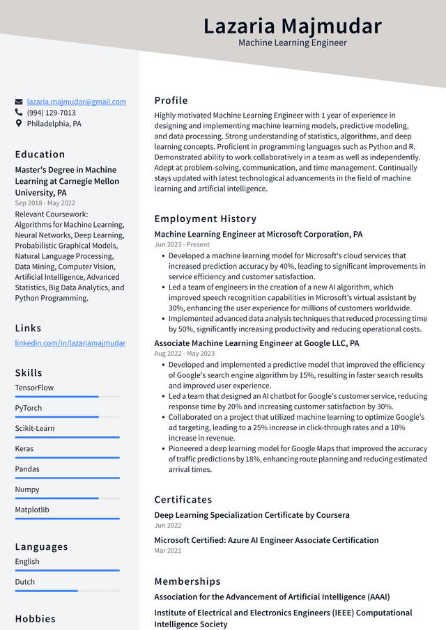 Twitter Machine Learning Engineer Resume Example