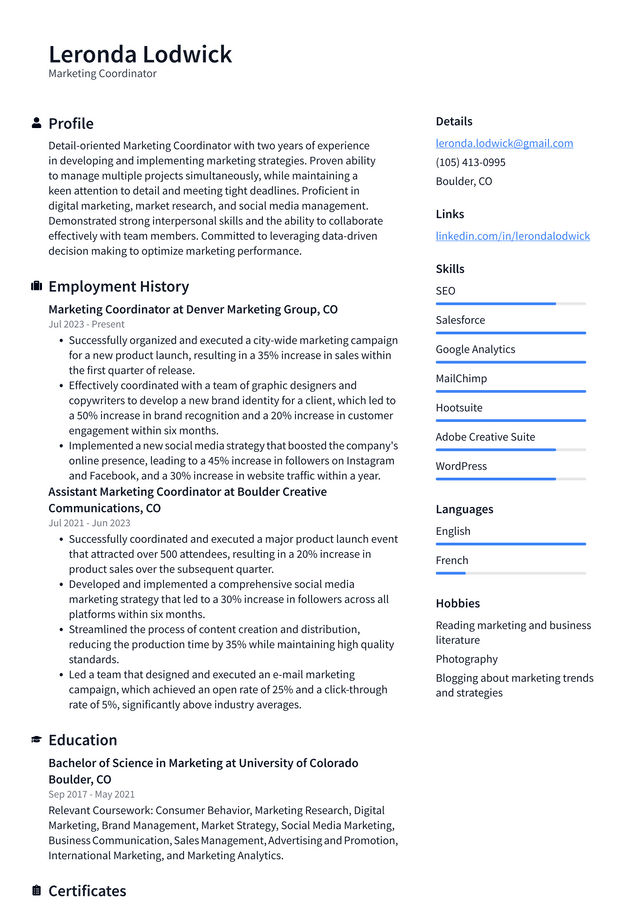 Twitter Marketing Coordinator Resume Example