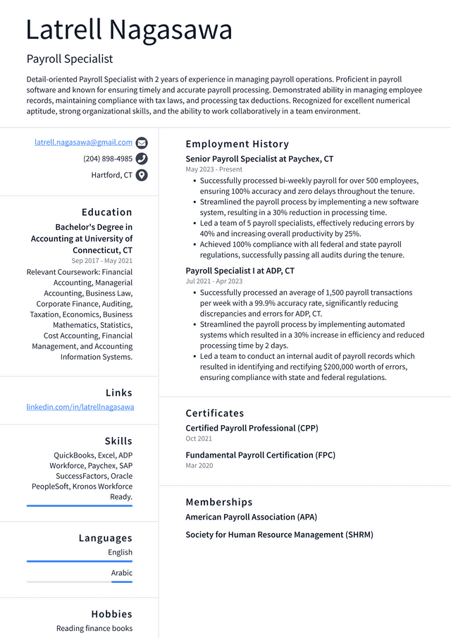 Twitter Payroll Specialist Resume Example