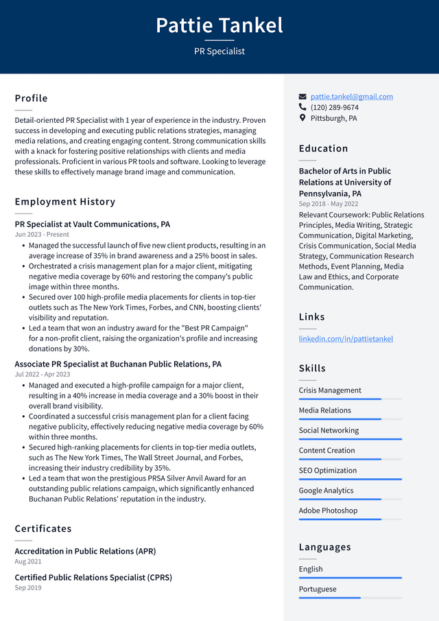 Twitter PR Specialist Resume Example