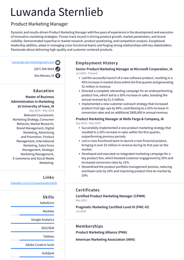 Twitter Product Marketing Manager Resume Example