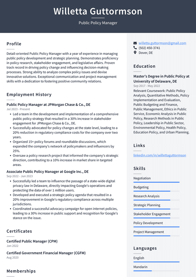 Twitter Public Policy Manager Resume Example