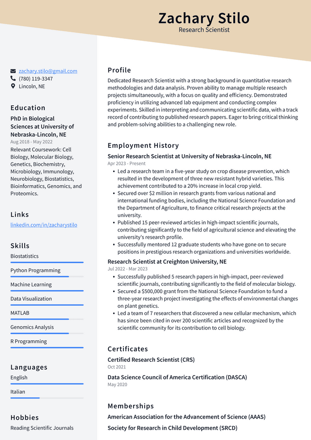 Twitter Research Scientist Resume Example