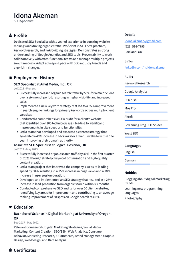 Twitter SEO Specialist Resume Example