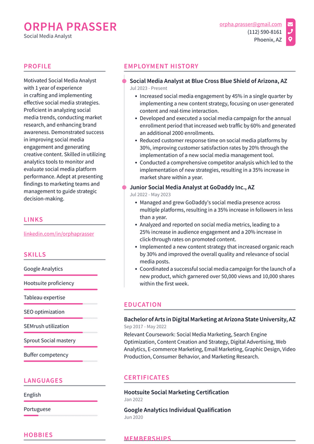 Twitter Social Media Analyst Resume Example