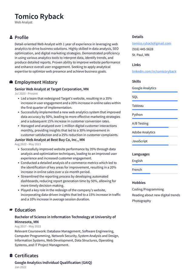 Twitter Web Analyst Resume Example