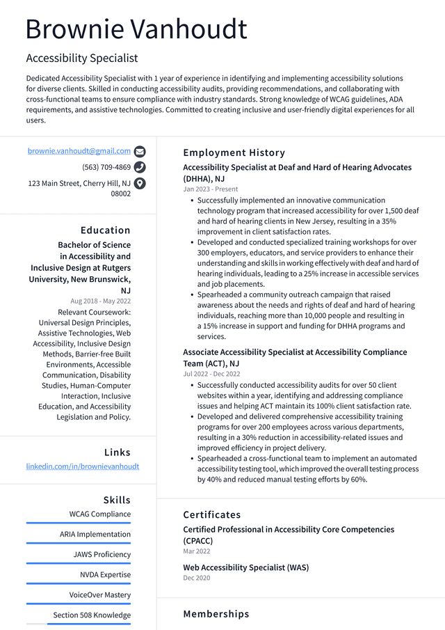 Uber Accessibility Specialist Resume Example