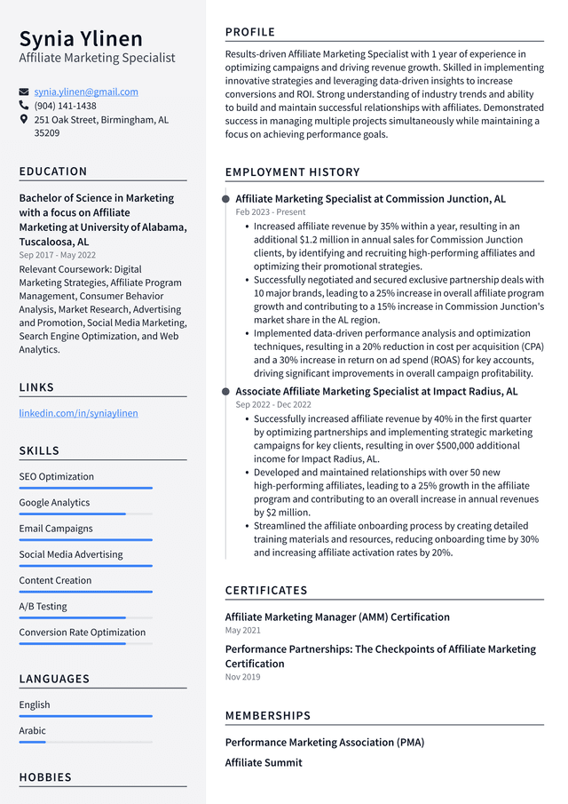 Uber Affiliate Marketing Specialist Resume Example