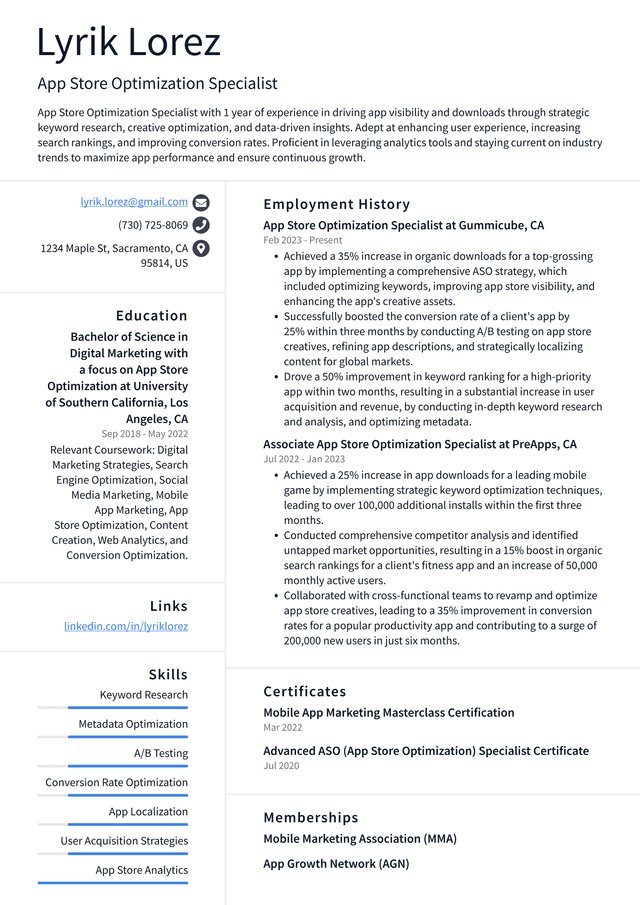 Uber App Store Optimization Specialist Resume Example