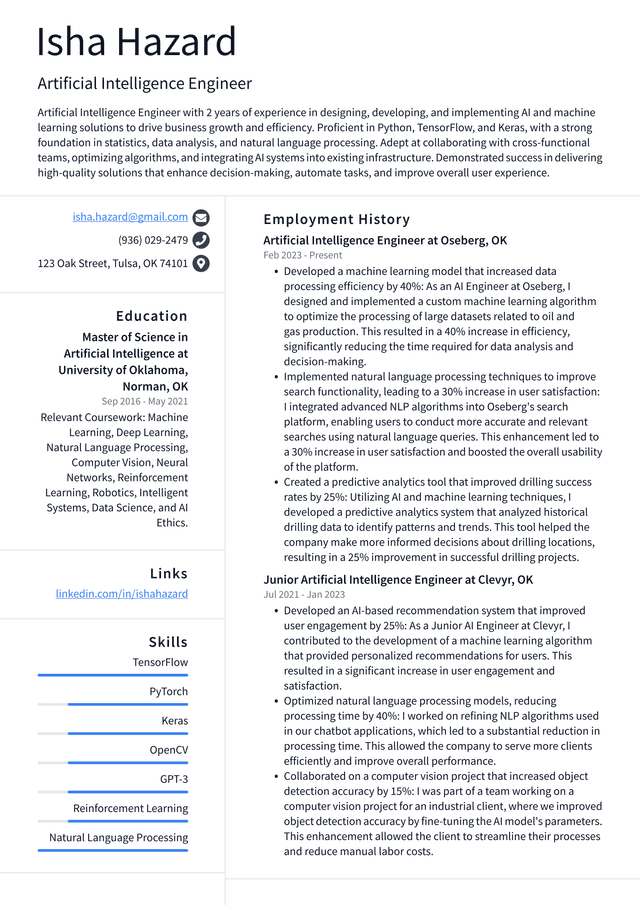 Uber Artificial Intelligence Engineer Resume Example