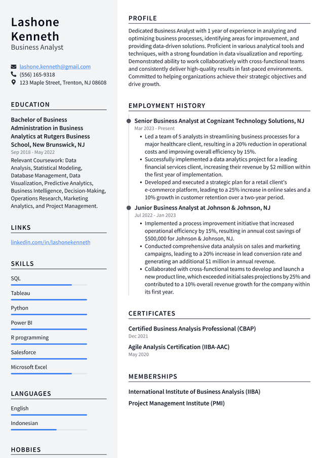 Uber Business Analyst Resume Example