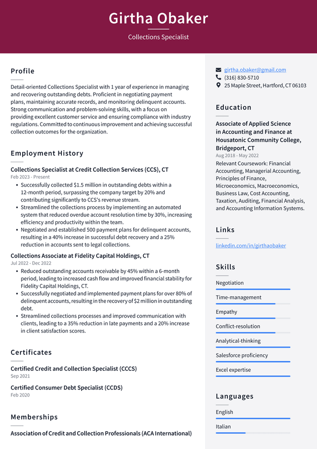 Uber Collections Specialist Resume Example