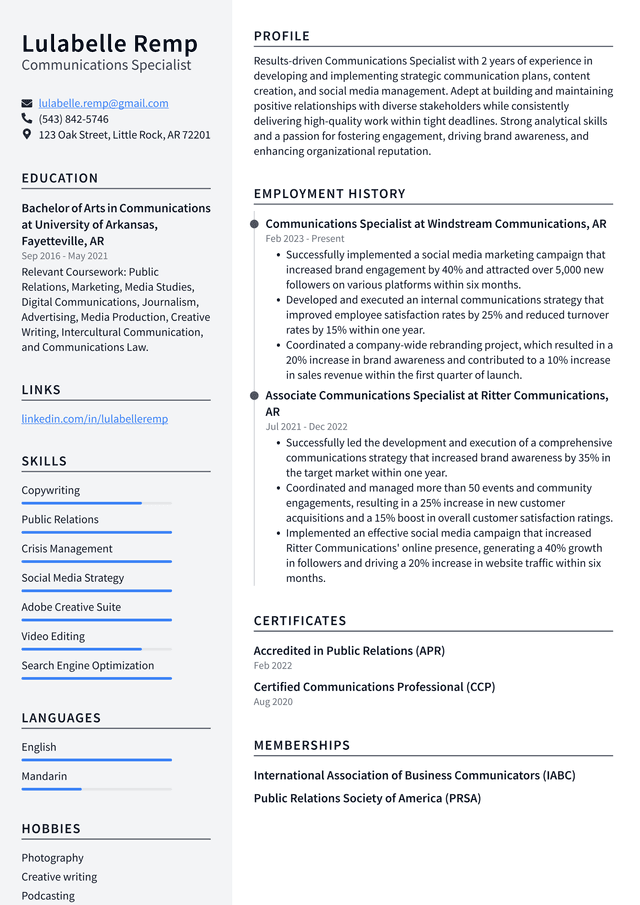 Uber Communications Specialist Resume Example