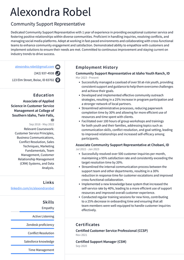 Uber Community Support Representative Resume Example