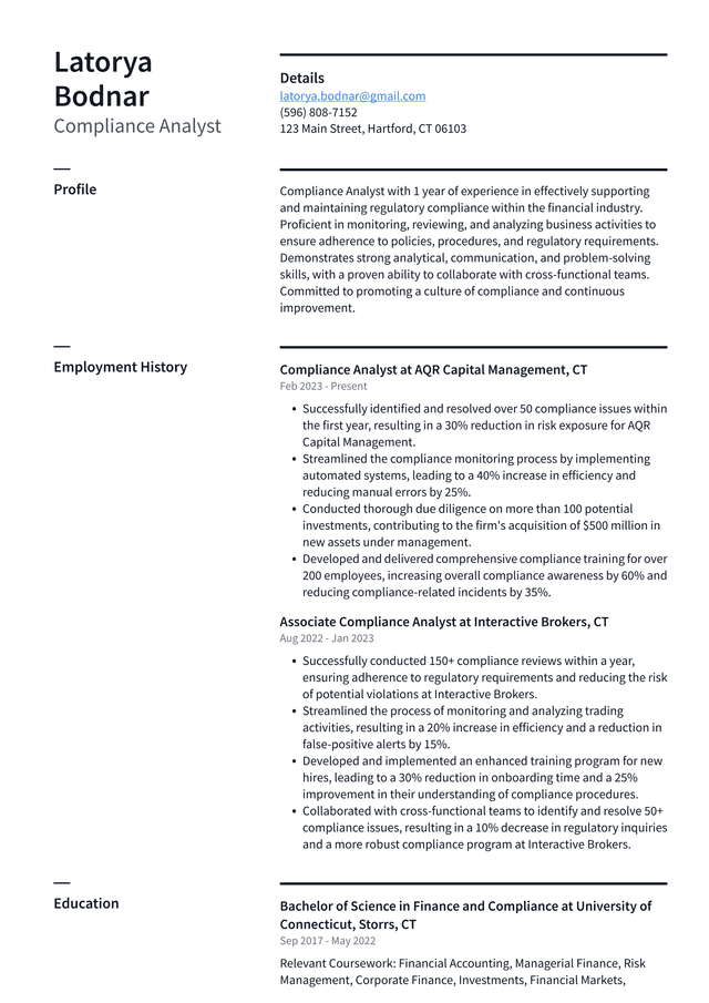 Uber Compliance Analyst Resume Example