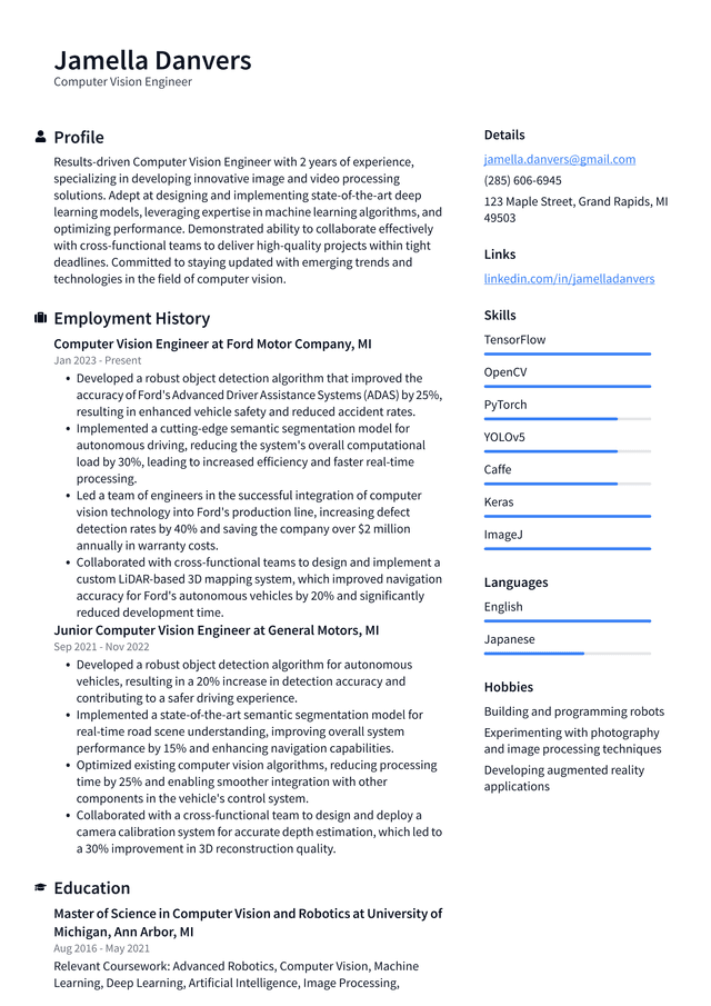 Uber Computer Vision Engineer Resume Example