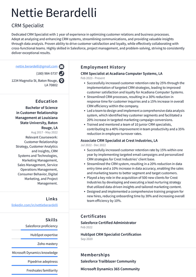 Uber CRM Specialist Resume Example