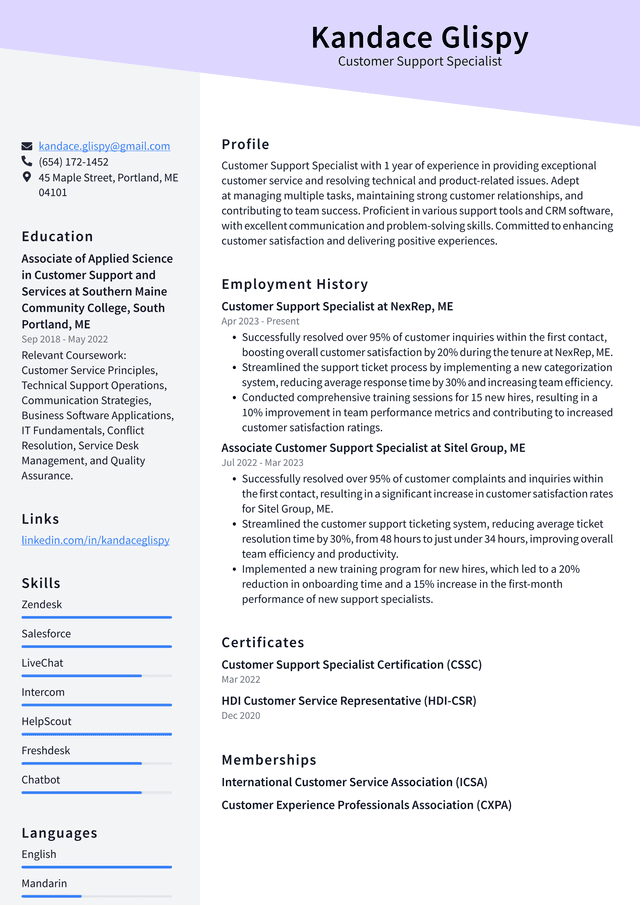 Uber Customer Support Specialist Resume Example