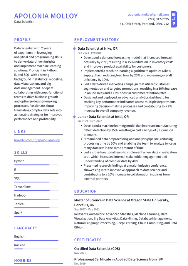 Uber Data Scientist Resume Example