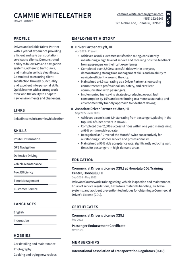 Uber Driver Partner Resume Example